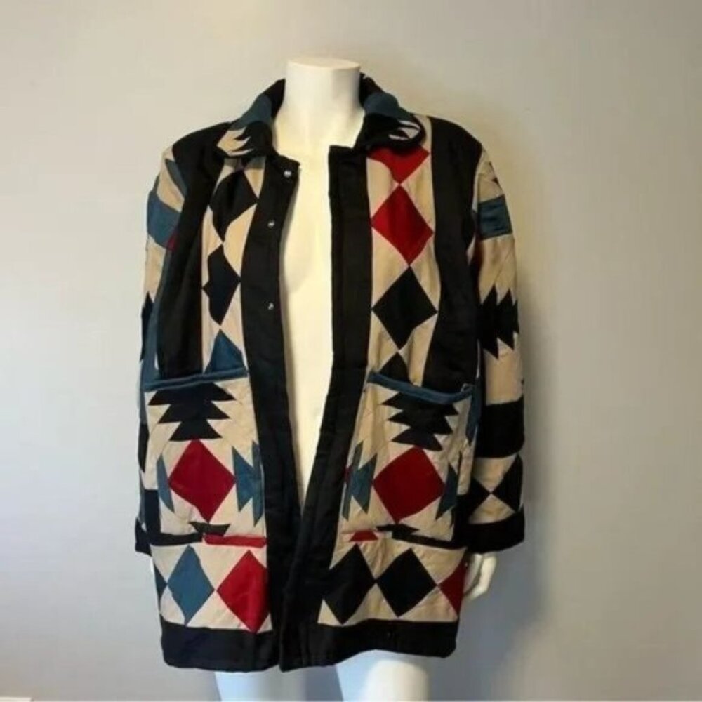Hand quilted Patchwork teal, Burgundy tan padded jacket hand made size one